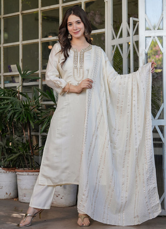 Embroidered Chanderi Off White Salwar Suit T6083