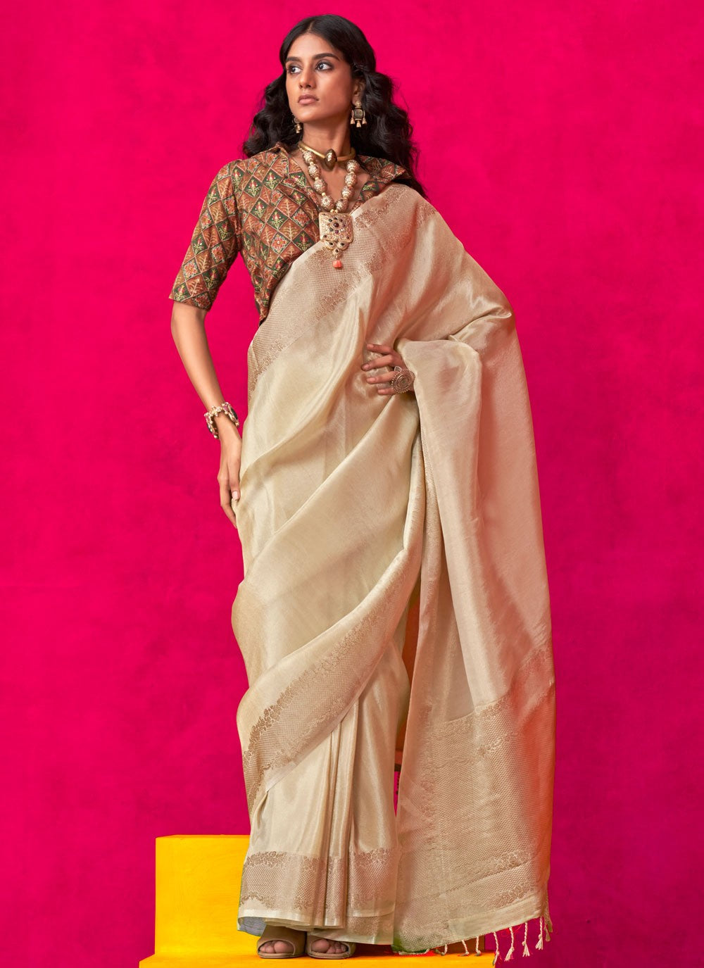 Traditional Weaving Zari Off White Tissue Saree S13508