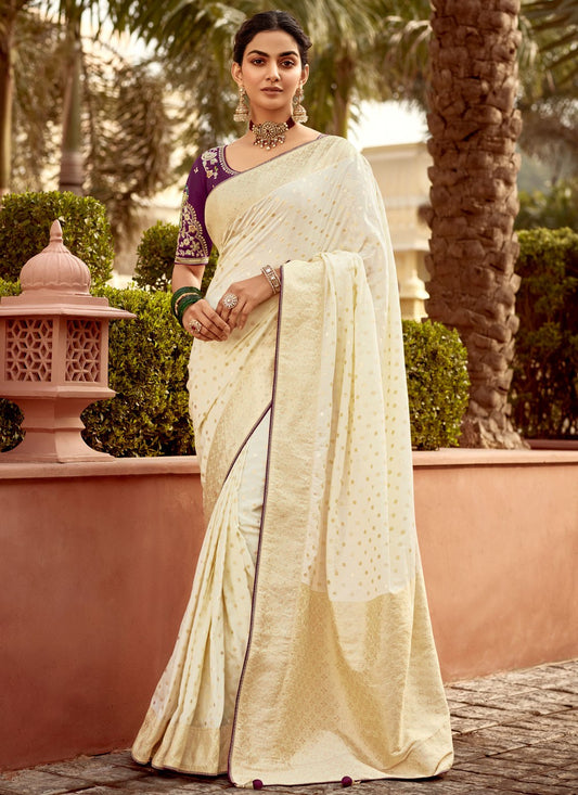 Weaving Zari Pure Dola Off White Saree S14222