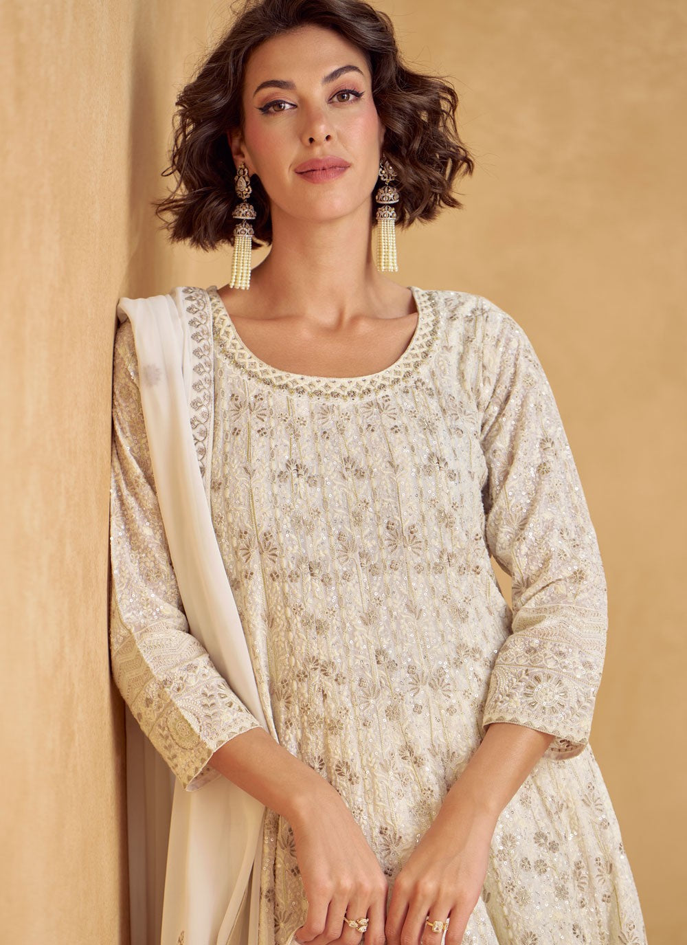 Palazzo Suit Embroidered, Sequins, Zari Off White T7148