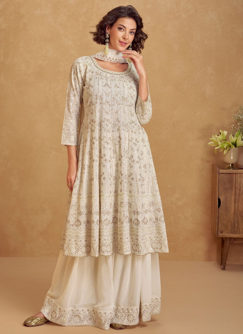 Palazzo Suit Embroidered, Sequins, Zari Off White T7148