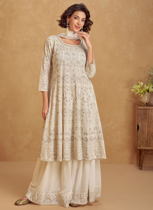 Palazzo Suit Embroidered, Sequins, Zari Off White T7148