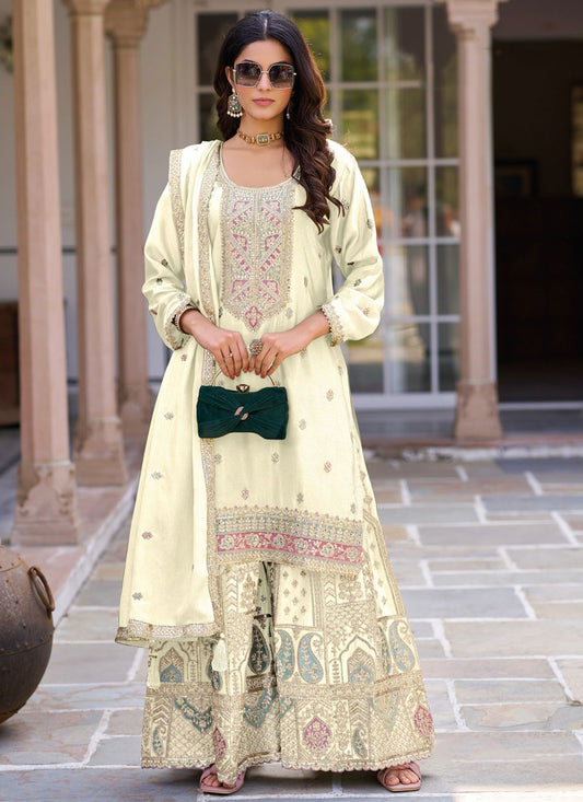 Salwar Suit Embroidered Off White Chinon T5900