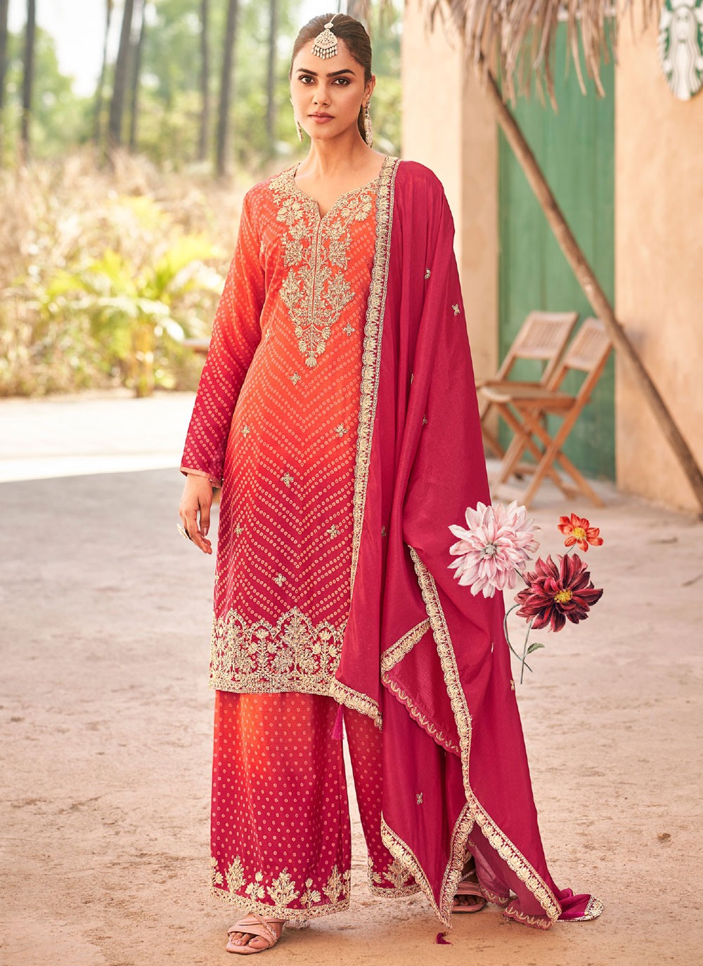 Salwar Suit Embroidered Hot Pink, Orange Chinon T5784