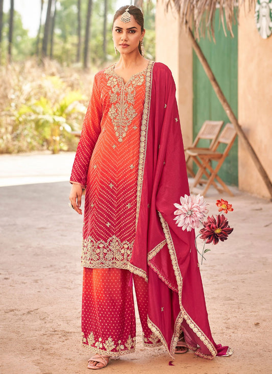 Salwar Suit Embroidered Hot Pink, Orange Chinon T5784