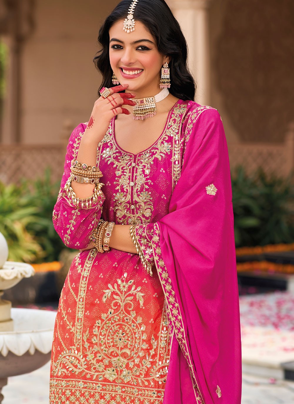 Salwar Suit Embroidered Hot Pink, Orange Chinon T5406