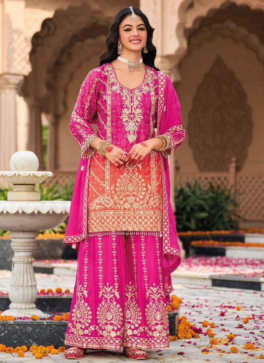 Salwar Suit Embroidered Hot Pink, Orange Chinon T5406