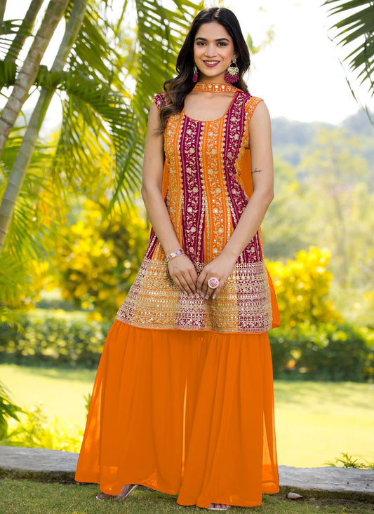 Salwar Suit Embroidered Hot Pink, Orange Faux Georgette T5883