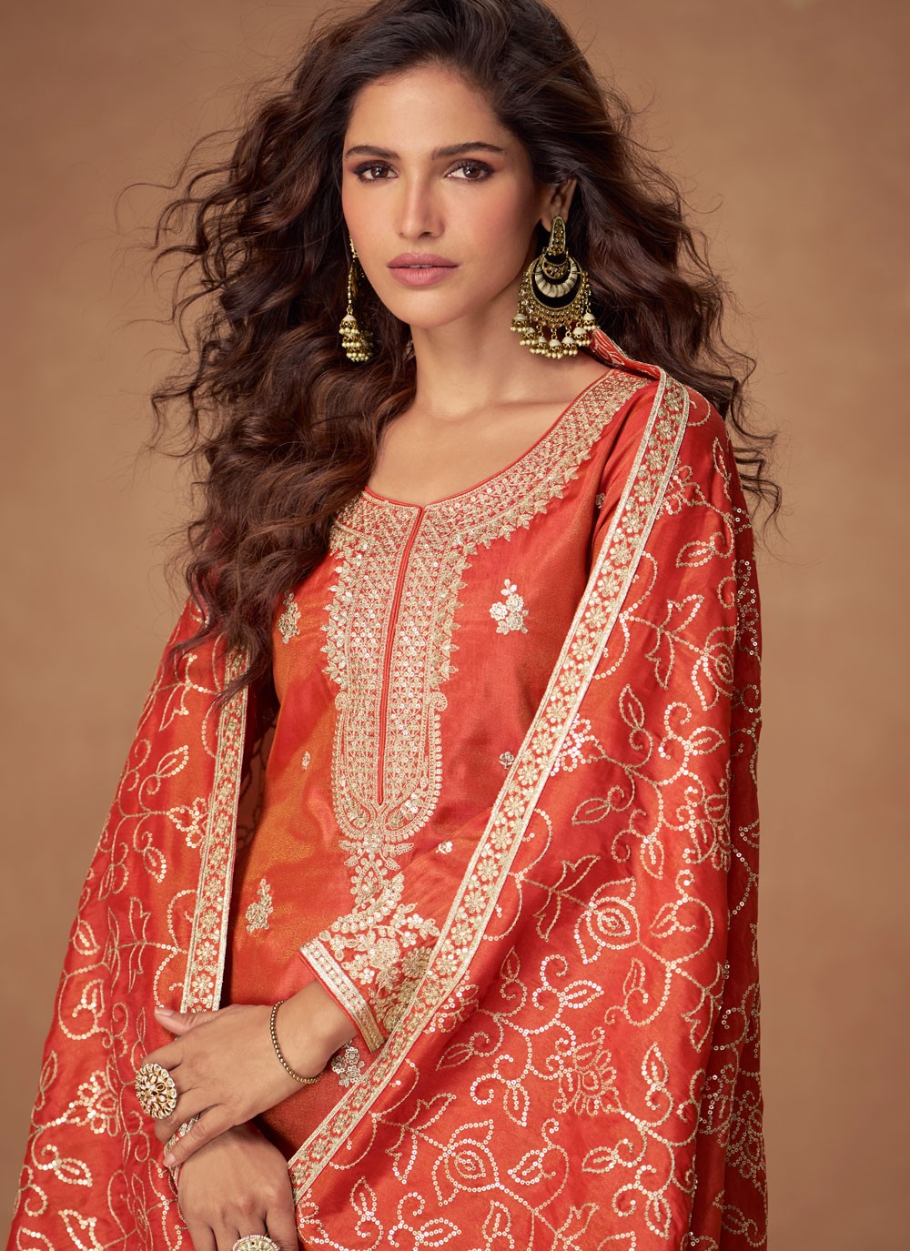 Palazzo Suit Embroidered, Sequins, Zari Orange T8183