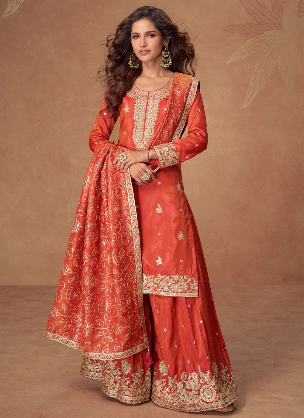 Palazzo Suit Embroidered, Sequins, Zari Orange T8183