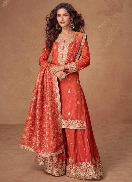Palazzo Suit Embroidered, Sequins, Zari Orange T8183