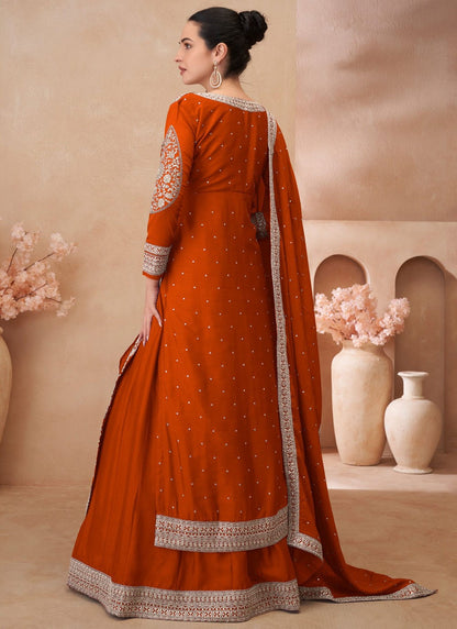 Embroidered Chinon, Silk Orange, Rust Lehenga - L3341
