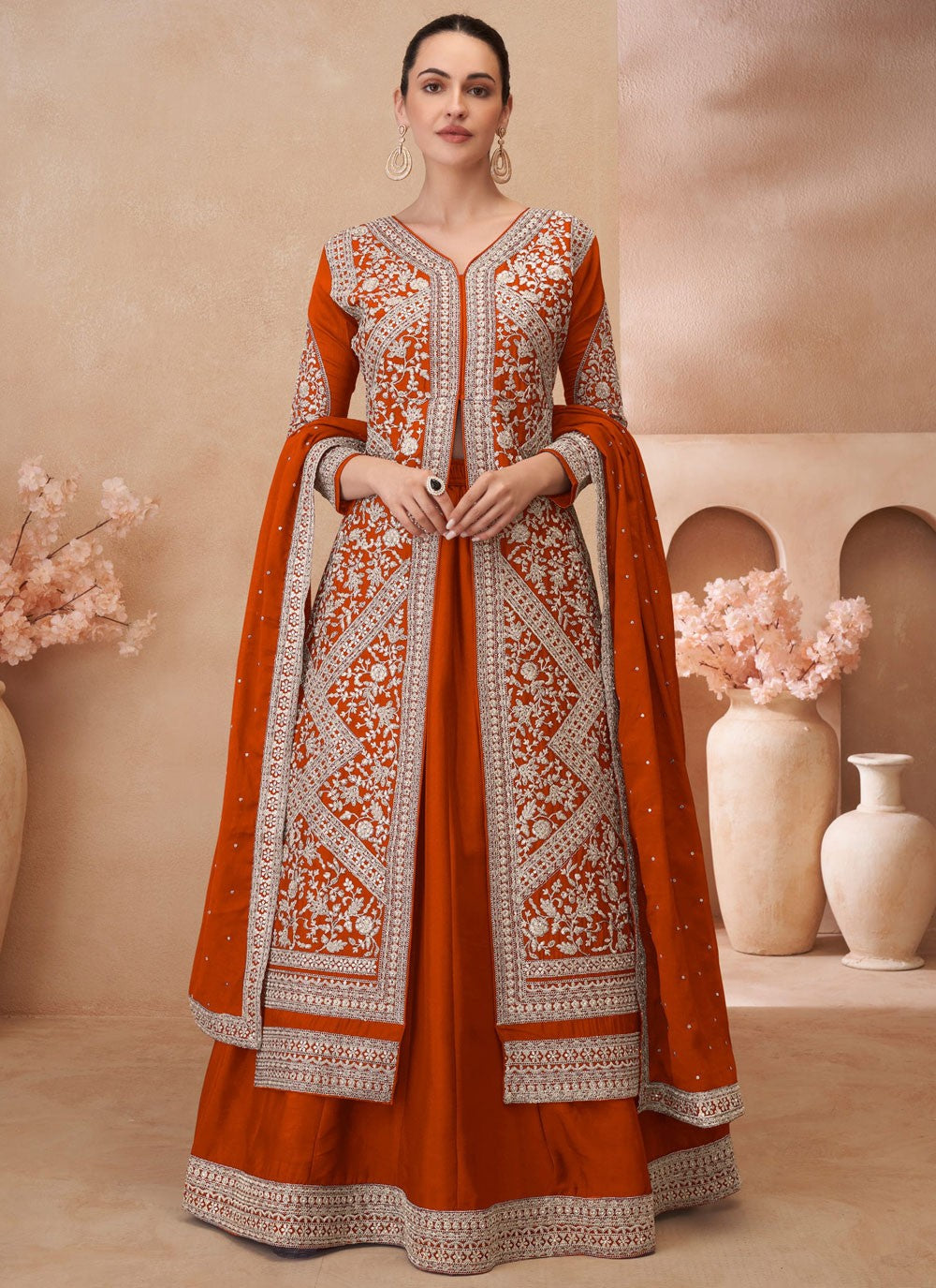 Embroidered Chinon, Silk Orange, Rust Lehenga - L3341