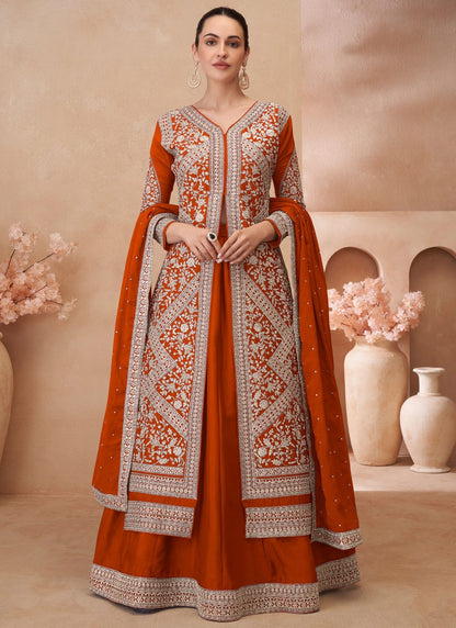 Embroidered Chinon, Silk Orange, Rust Lehenga - L3341