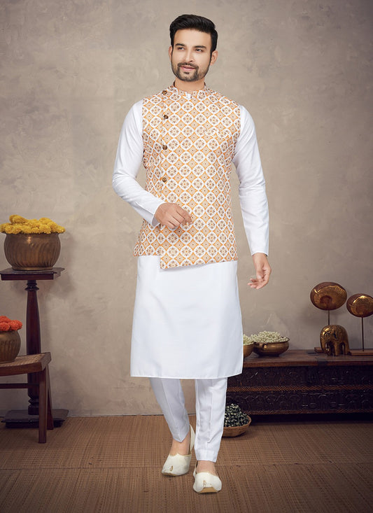 Digital Print Cotton Orange, White Kurta Payjama With Jacket - M5833