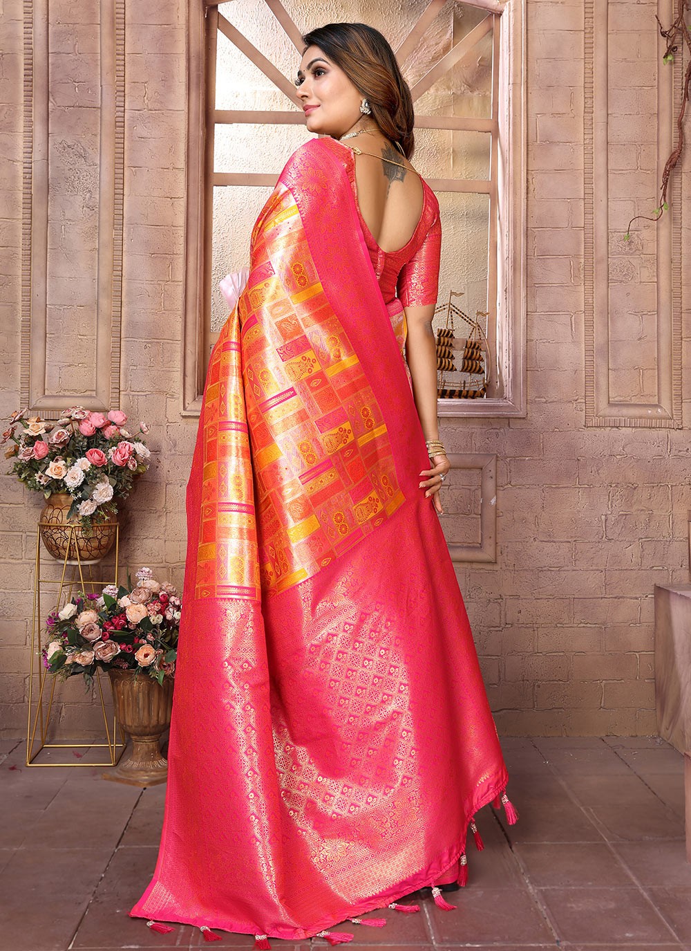 Woven Banarasi Silk Orange Classic Saree S15063