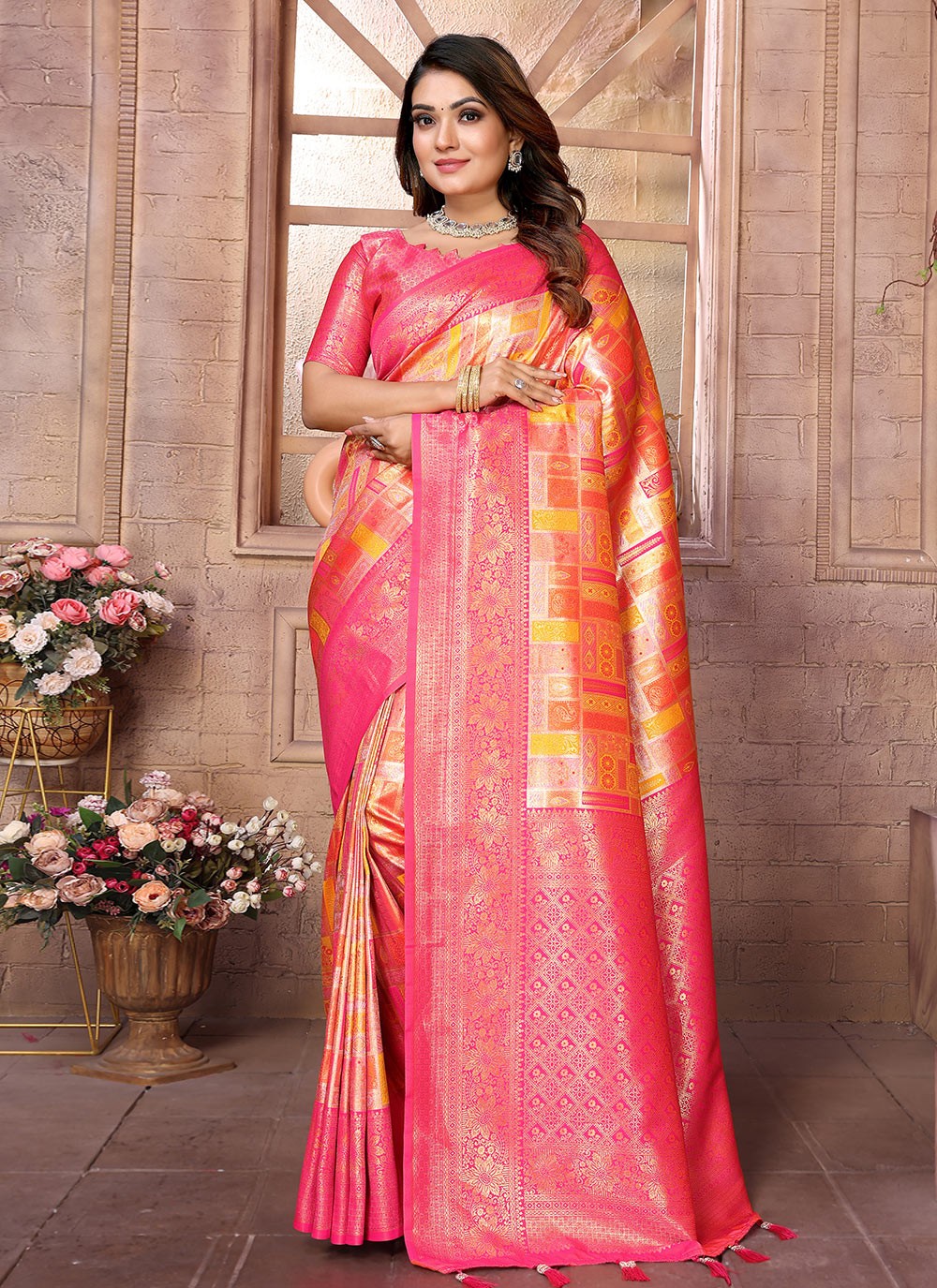 Woven Banarasi Silk Orange Classic Saree S15063