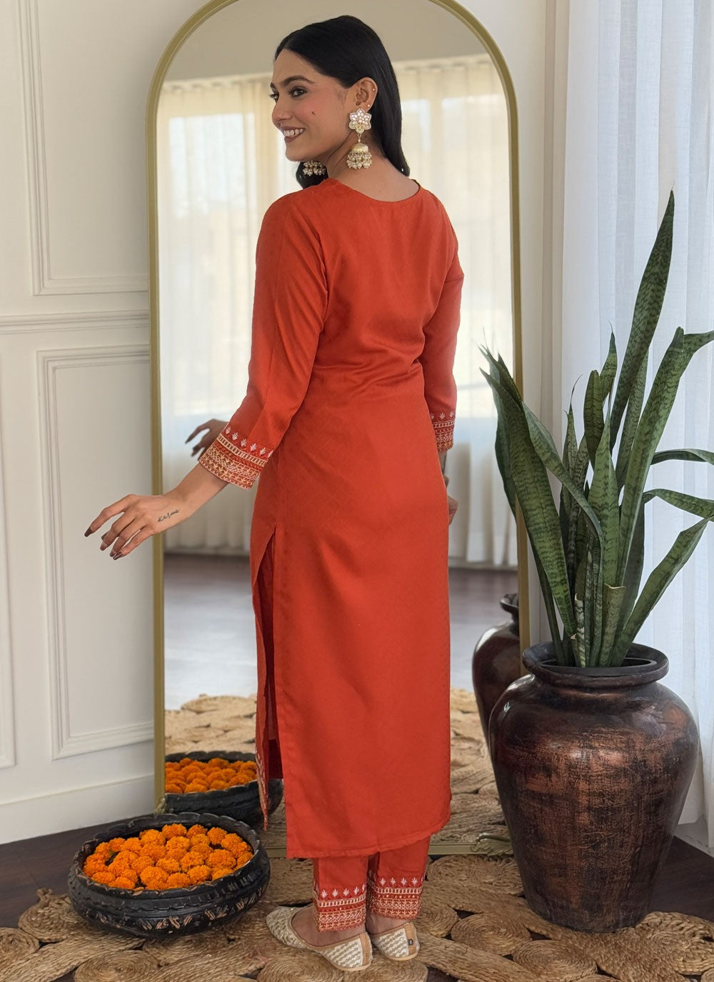 Embroidered Rayon Orange Salwar Suit T6184