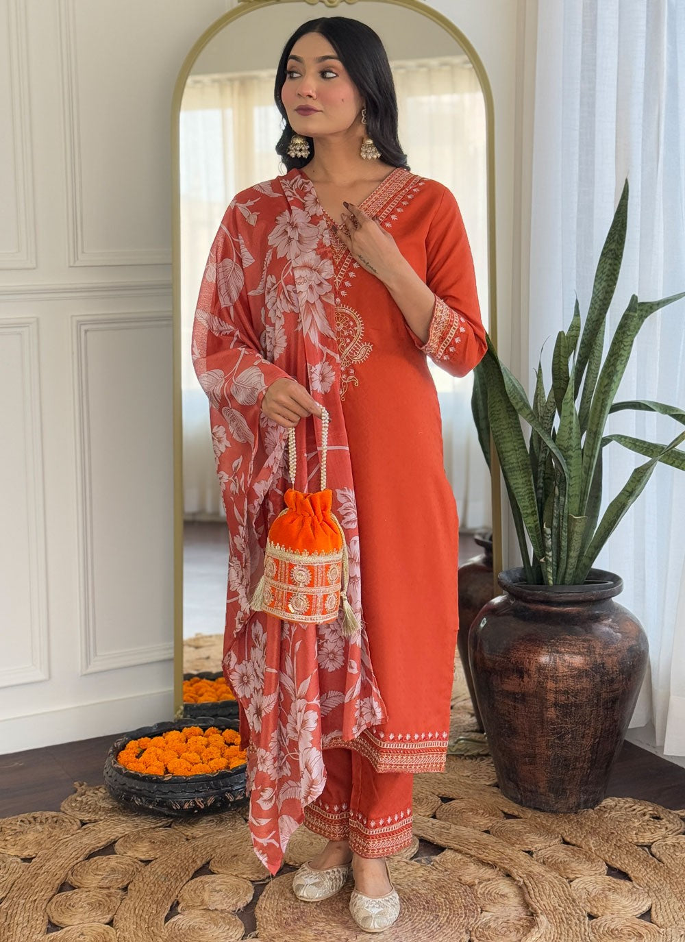 Embroidered Rayon Orange Salwar Suit T6184