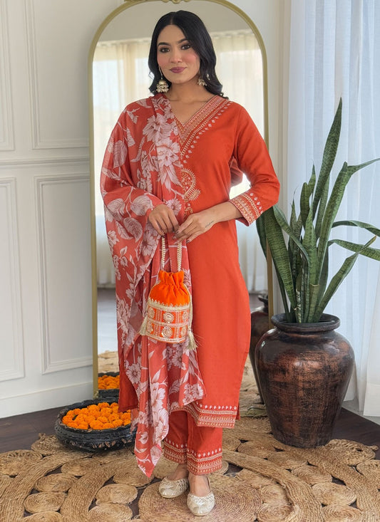 Embroidered Rayon Orange Salwar Suit T6184