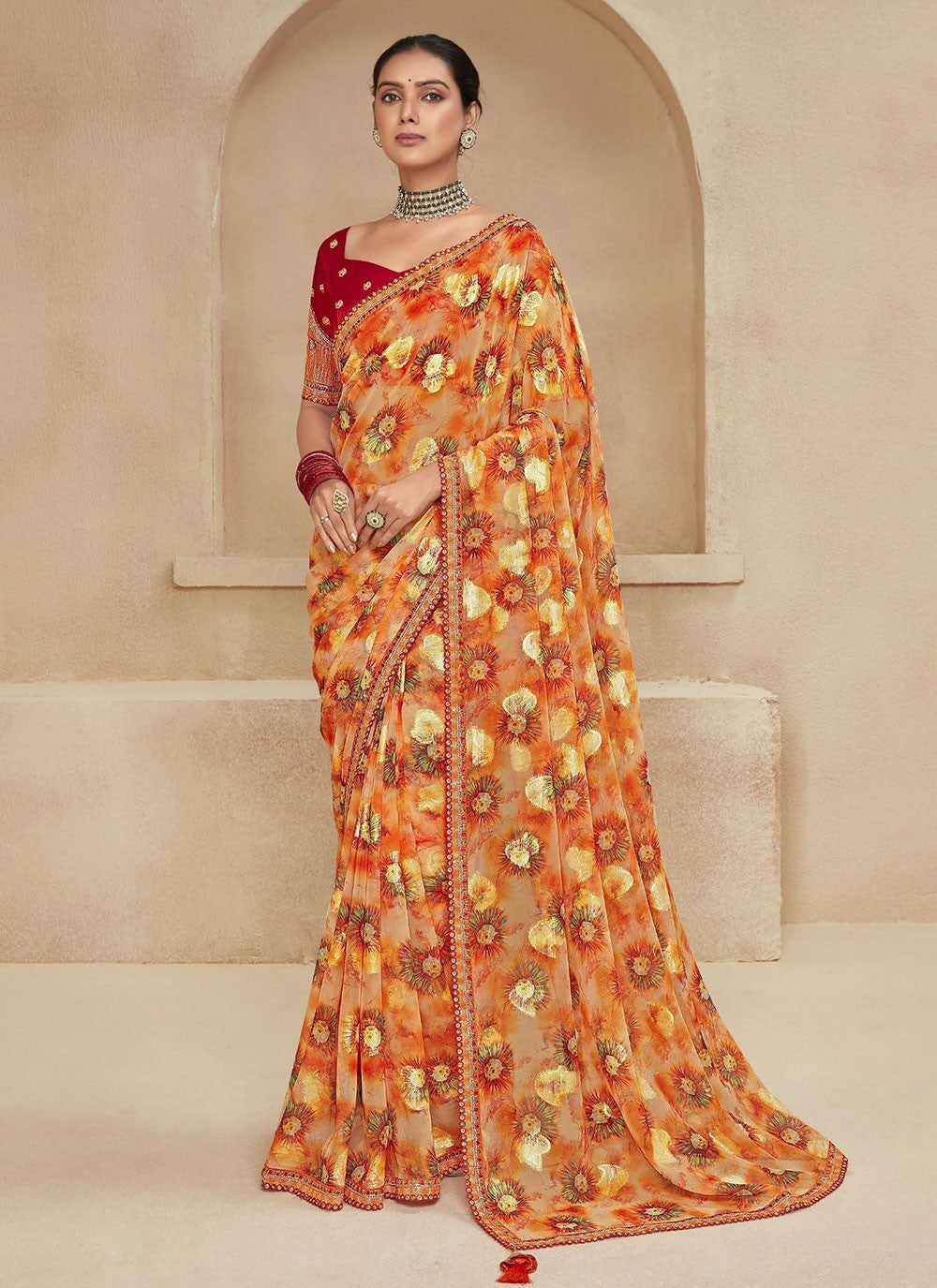 Classic Floral Printed Chiffon Saree - S6204