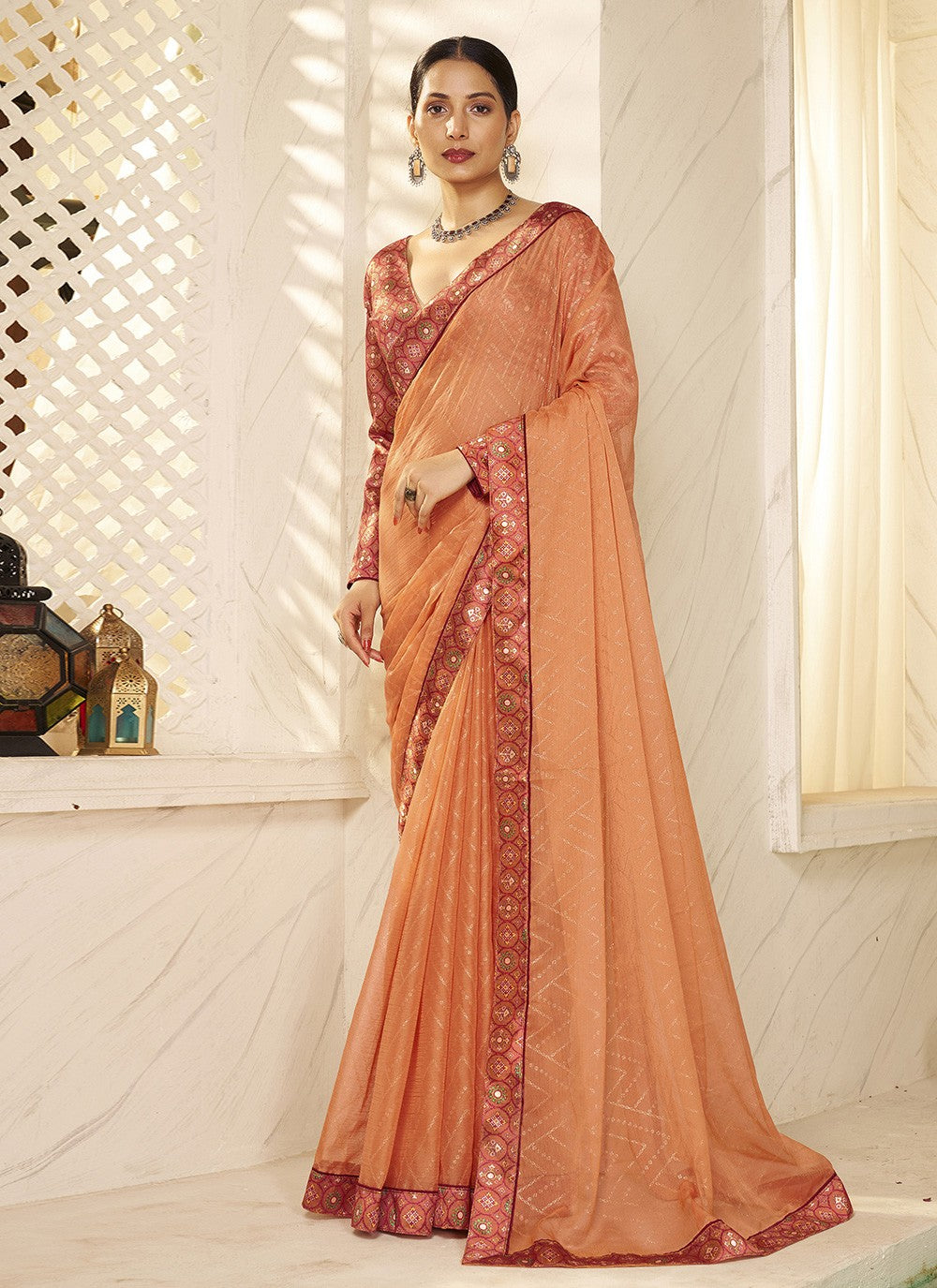 Foliage Prints Chiffon Orange Trendy Saree S15273