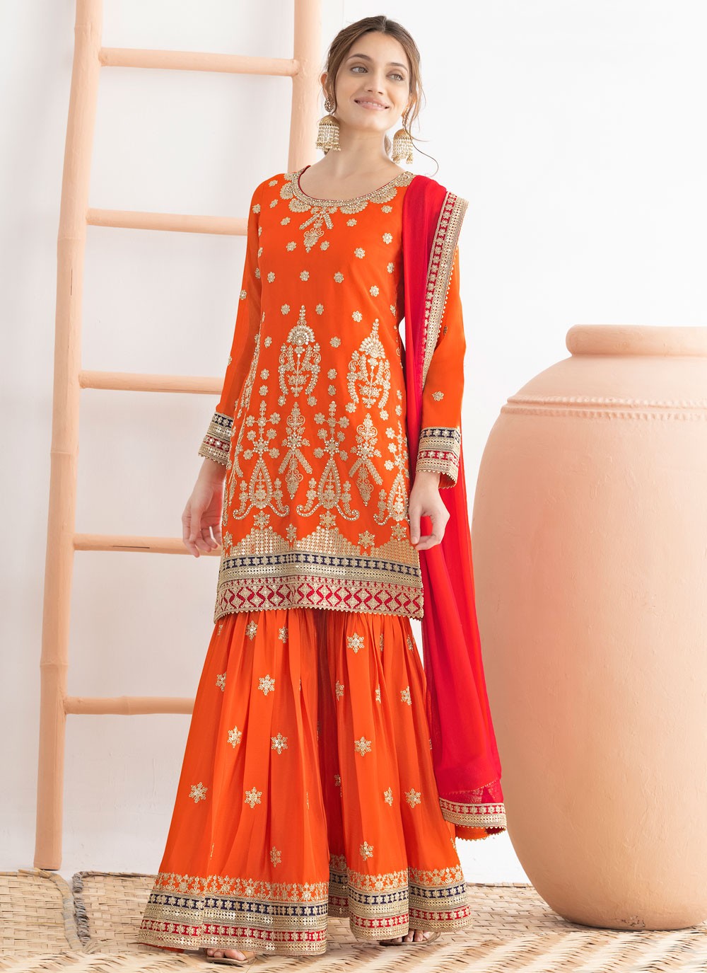 Sharara Suit Dori Work, Embroidered, Sequins Orange T8536