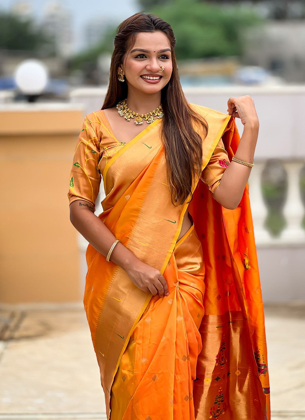 Orange Silk Classic Saree Jacquard Work S18315