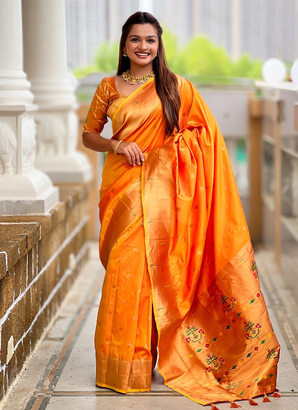 Orange Silk Classic Saree Jacquard Work S18315