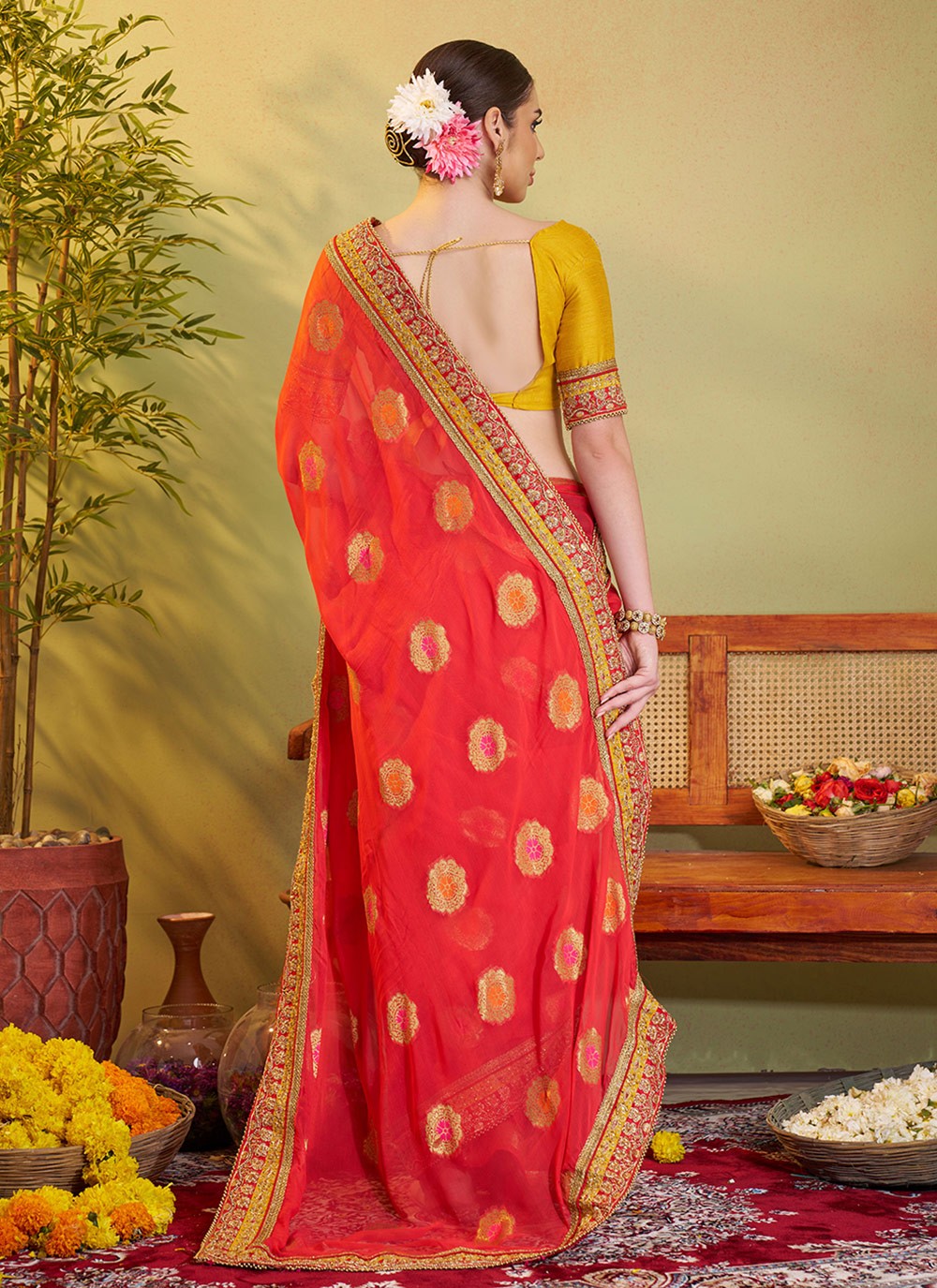 Embroidered Viscose Orange Saree S14723