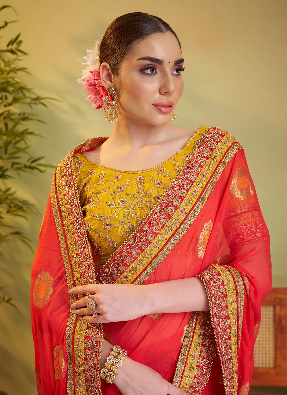 Embroidered Viscose Orange Saree S14723