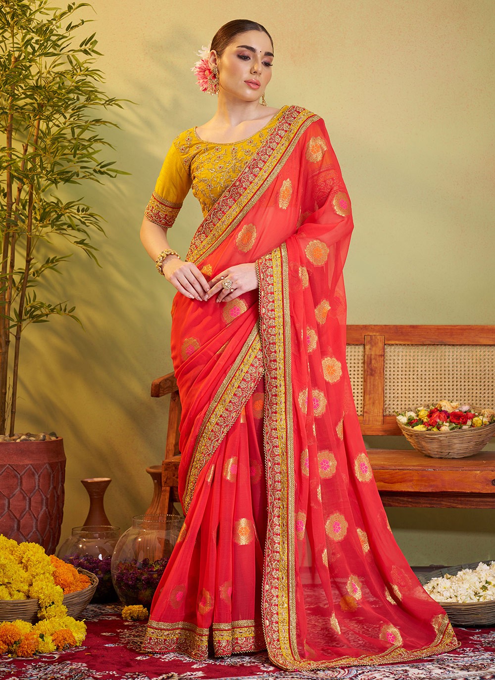 Embroidered Viscose Orange Saree S14723