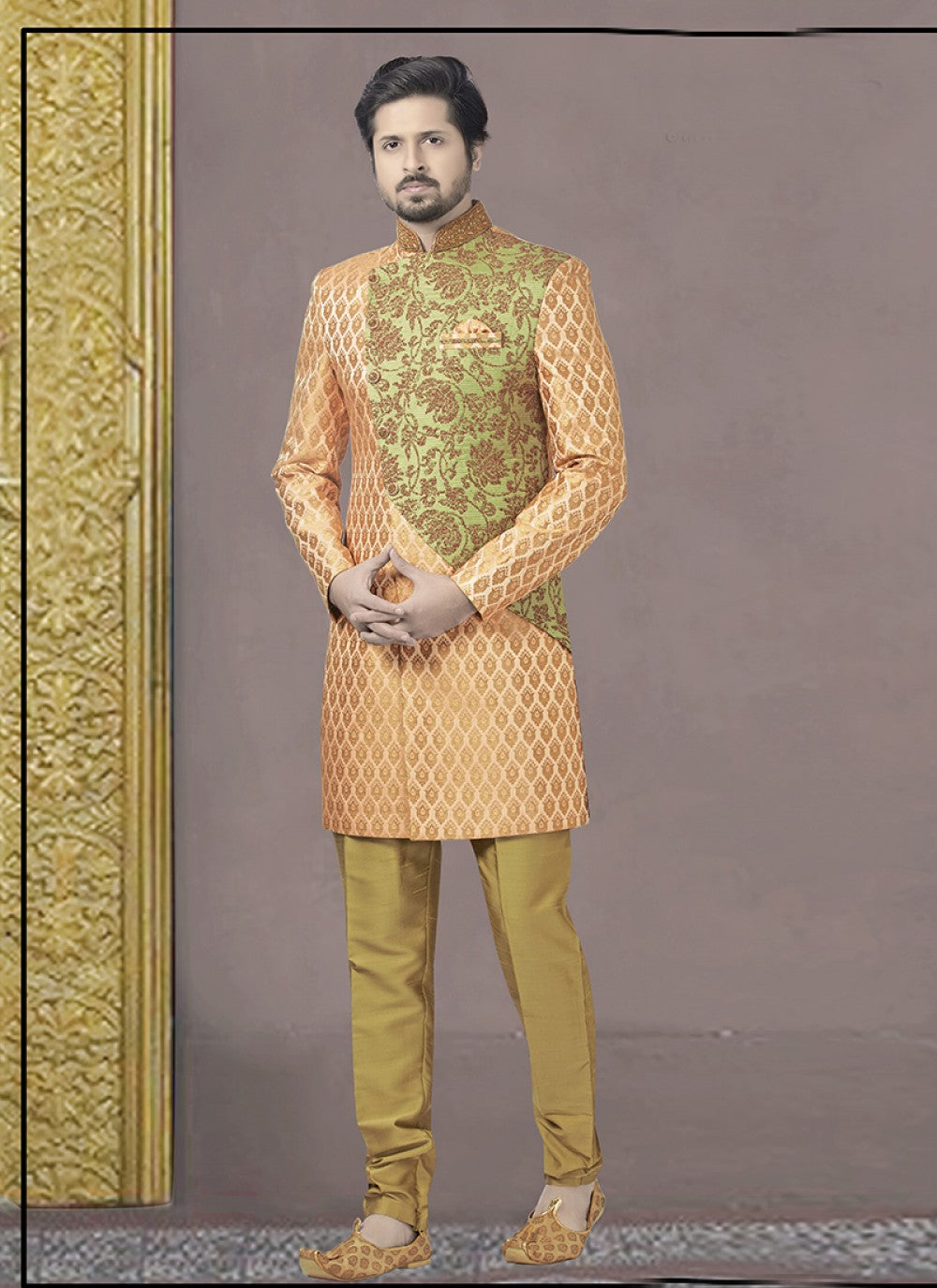 Embroidered Brocade Orange Indo Western - M1159
