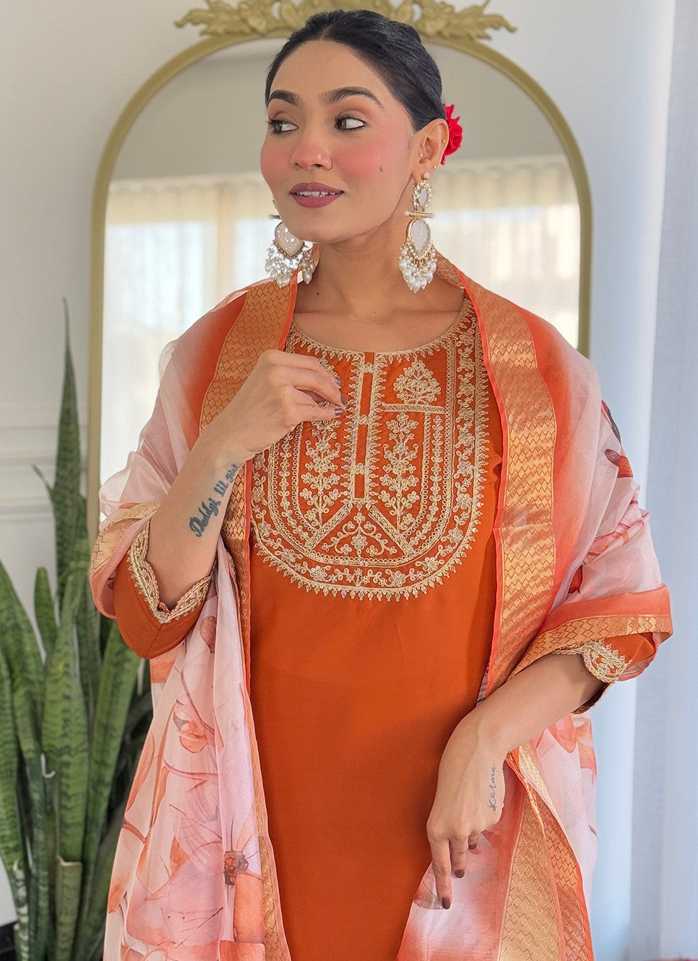 Salwar Suit Embroidered, Printed Orange T7370