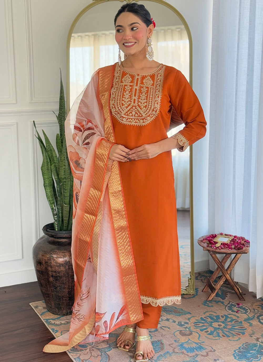 Salwar Suit Embroidered, Printed Orange T7370