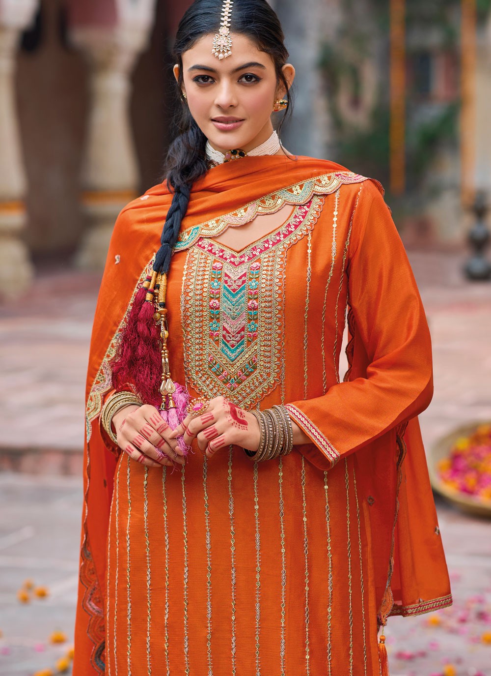 Salwar Suit Embroidered Orange Chinon T5505