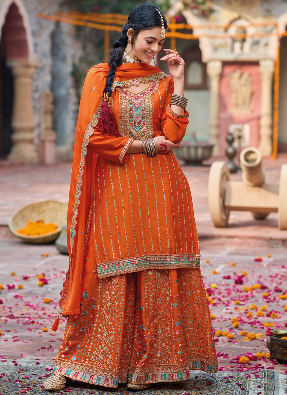 Salwar Suit Embroidered Orange Chinon T5505