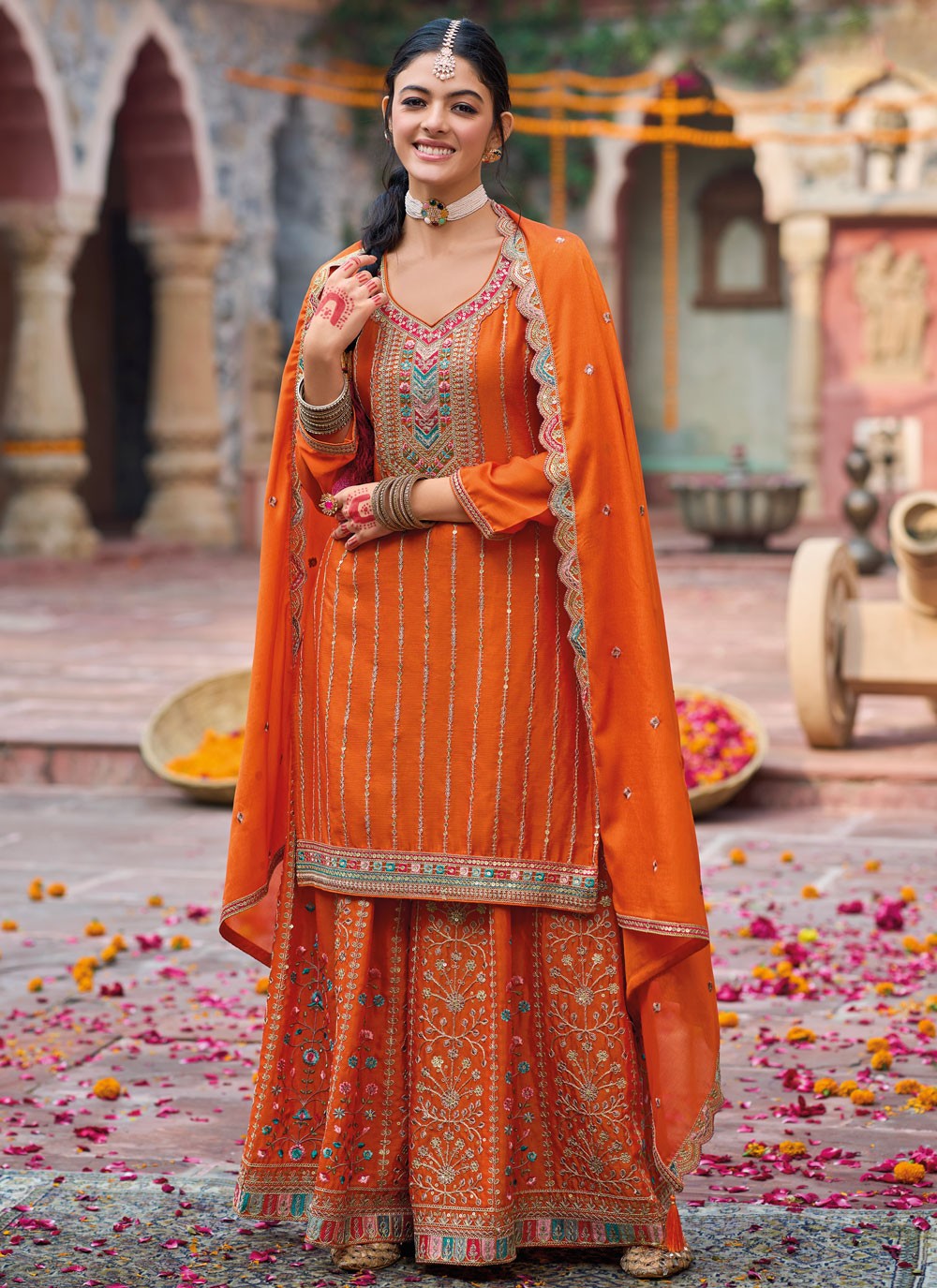 Salwar Suit Embroidered Orange Chinon T5505