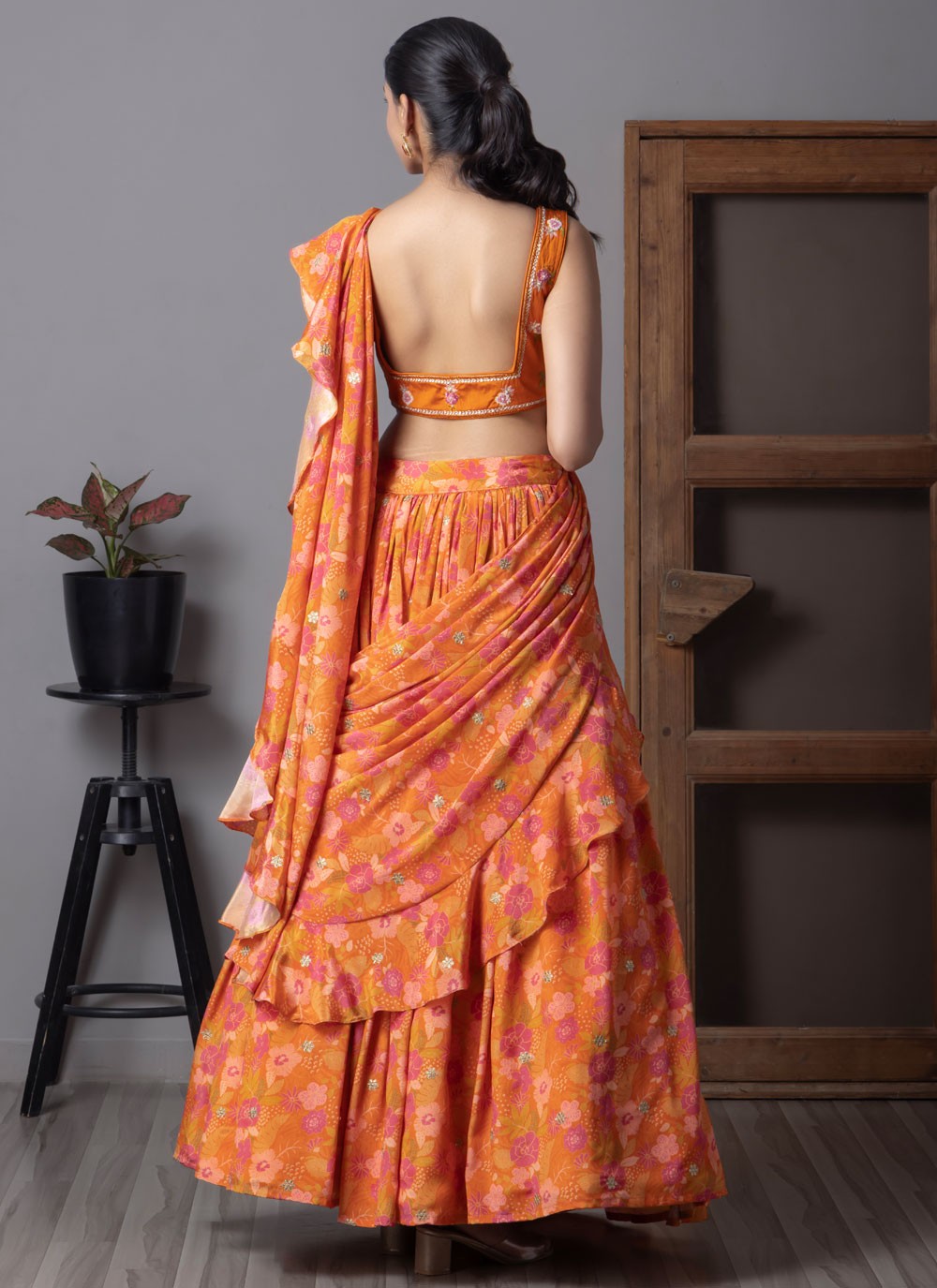 Fancy Work Organza Orange Lehenga Choli L3711