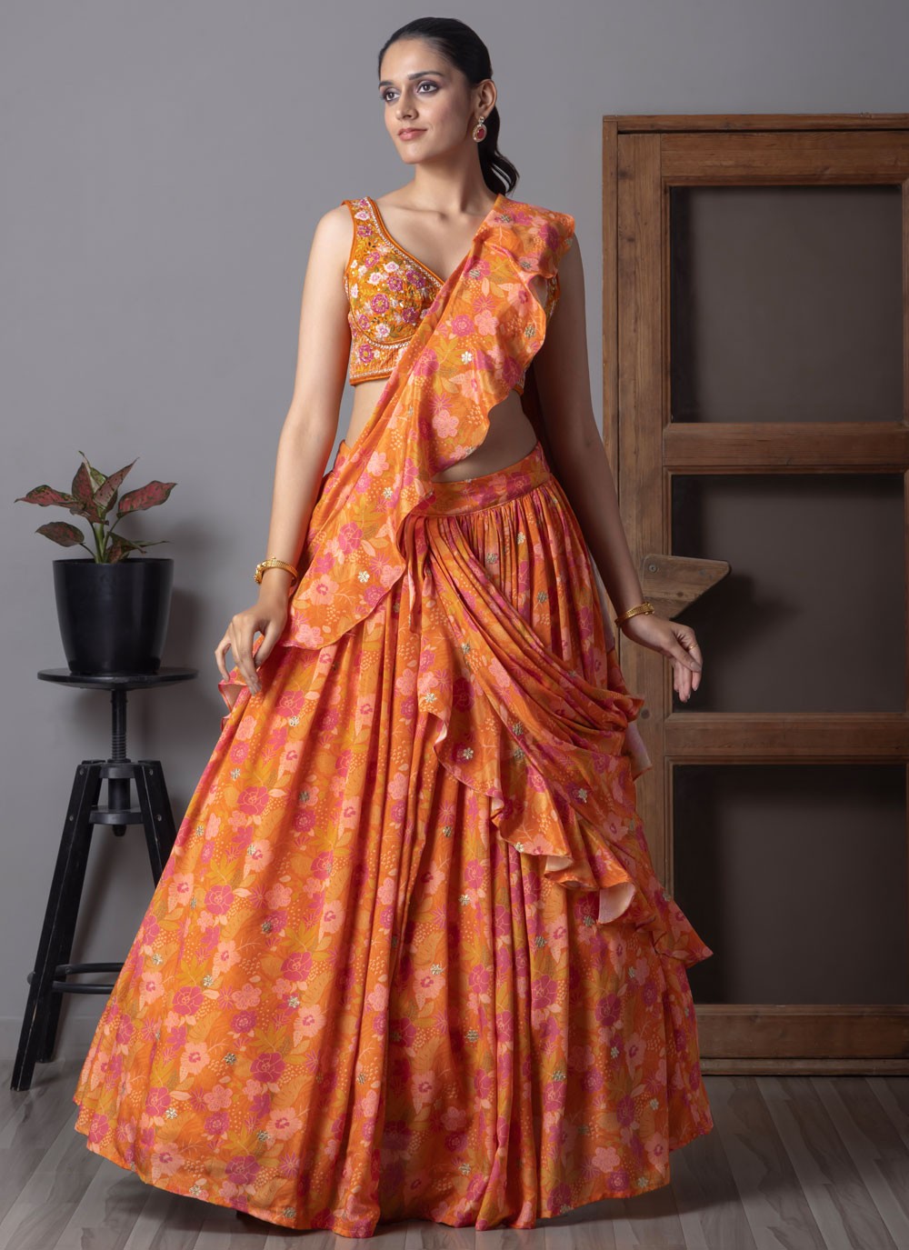 Fancy Work Organza Orange Lehenga Choli L3711