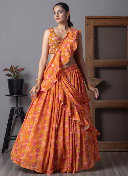 Fancy Work Organza Orange Lehenga Choli L3711