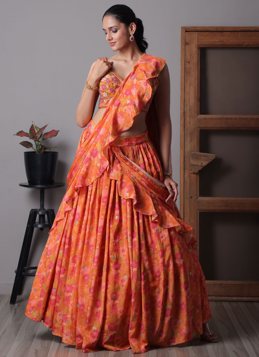 Fancy Work Organza Orange Lehenga Choli L3711