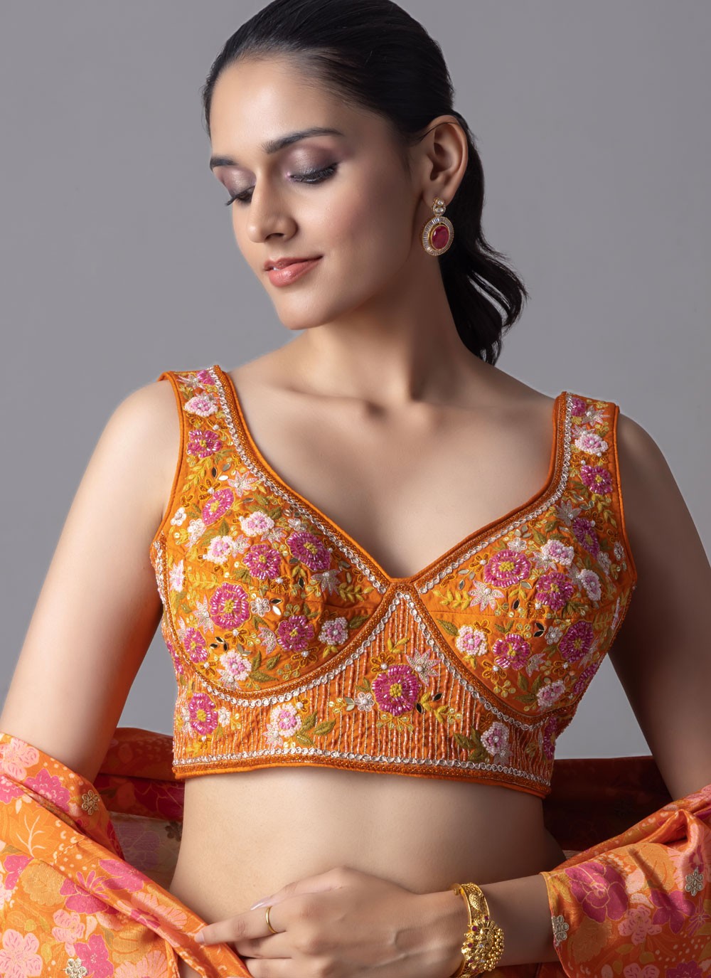 Fancy Work Organza Orange Lehenga Choli L3711