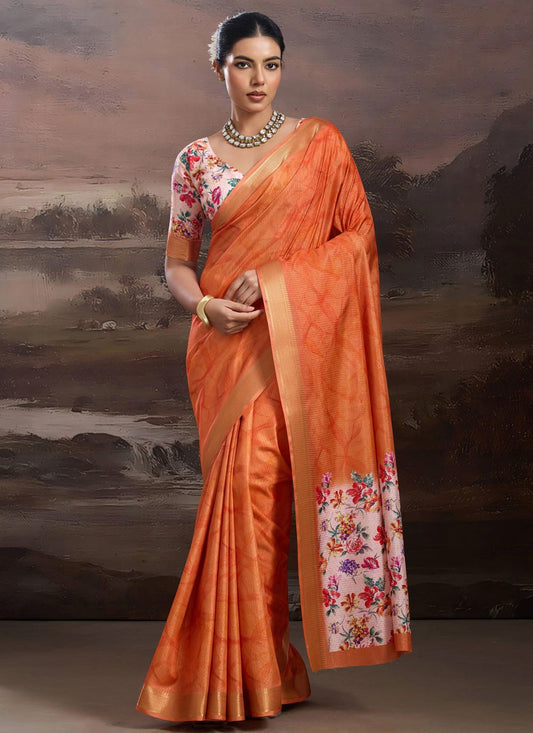 Orange Silk Trendy Saree Floral Printed S19539