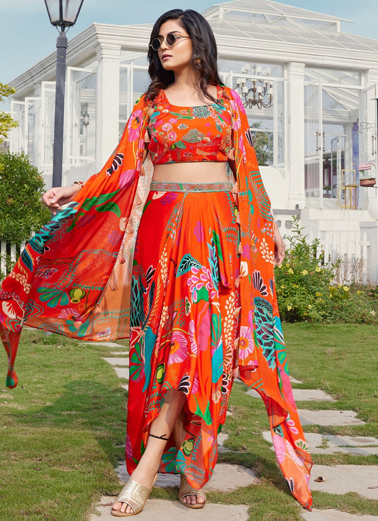 Foliage Prints Georgette Orange Lehenga - L3400