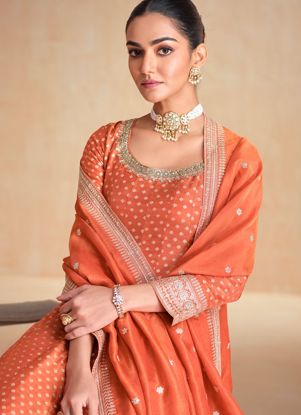 Embroidered Jacquard Silk Orange Gown G1960