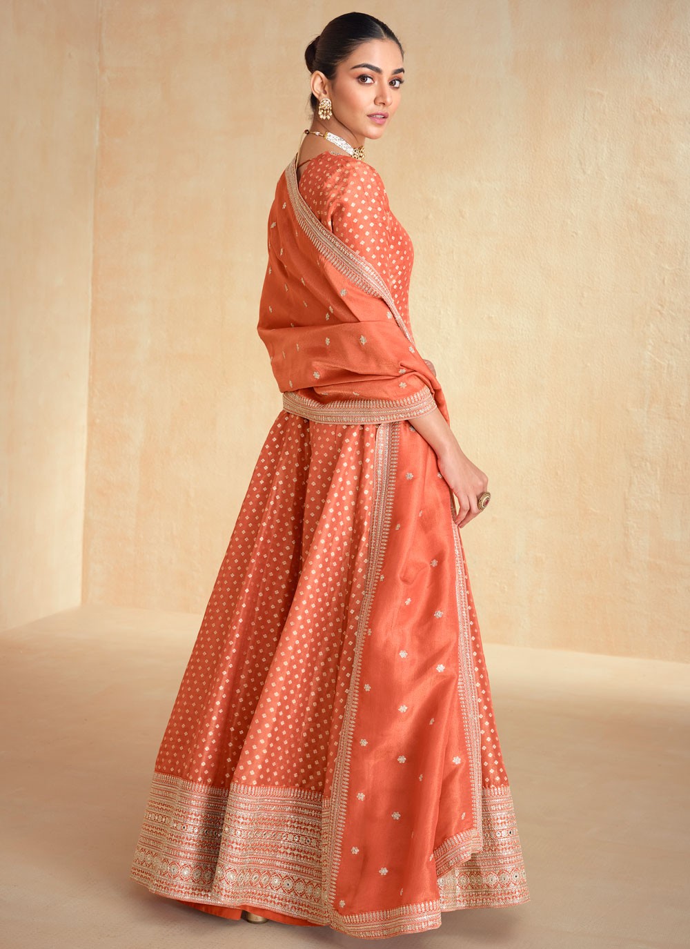 Embroidered Jacquard Silk Orange Gown G1960