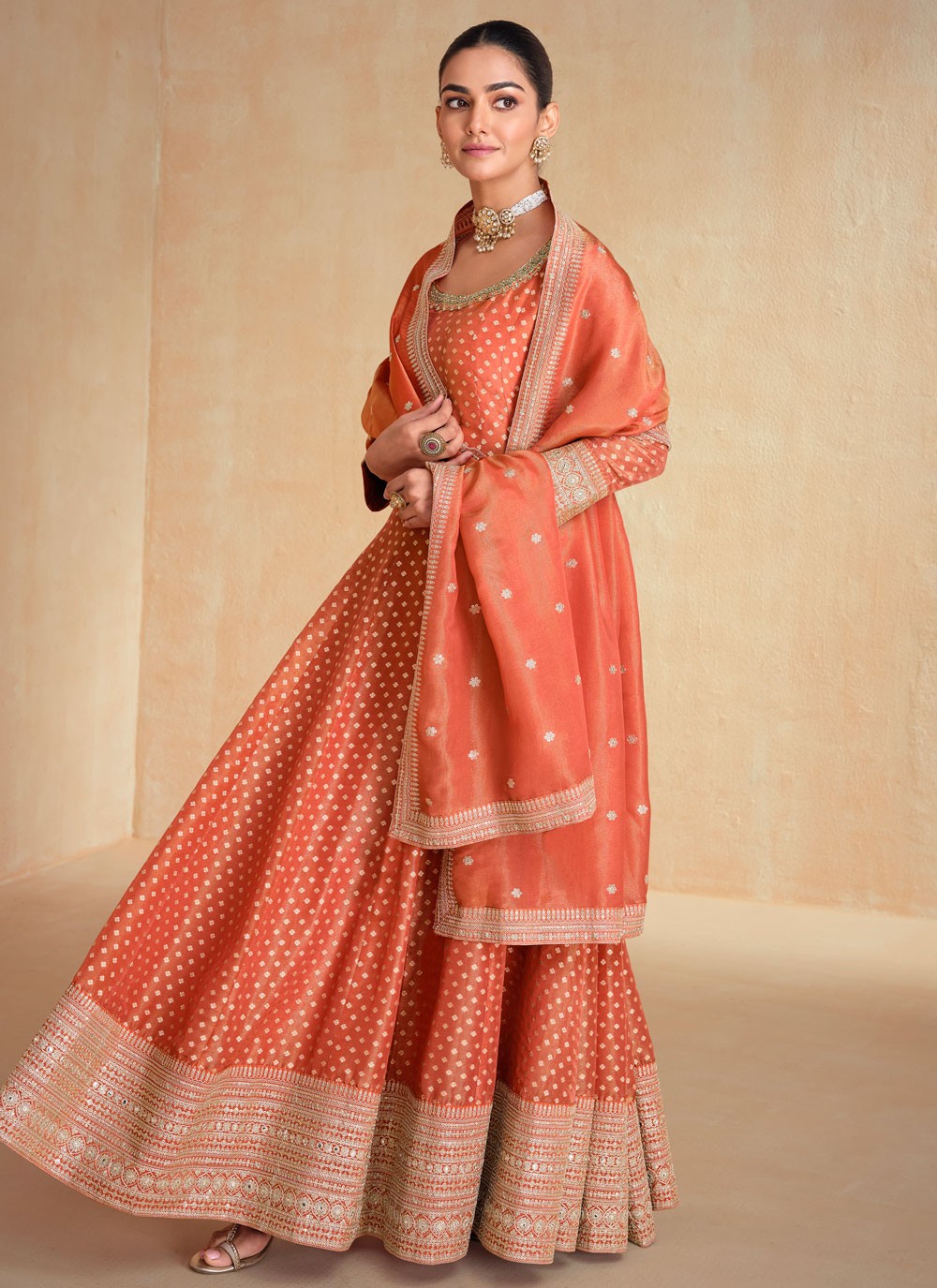 Embroidered Jacquard Silk Orange Gown G1960