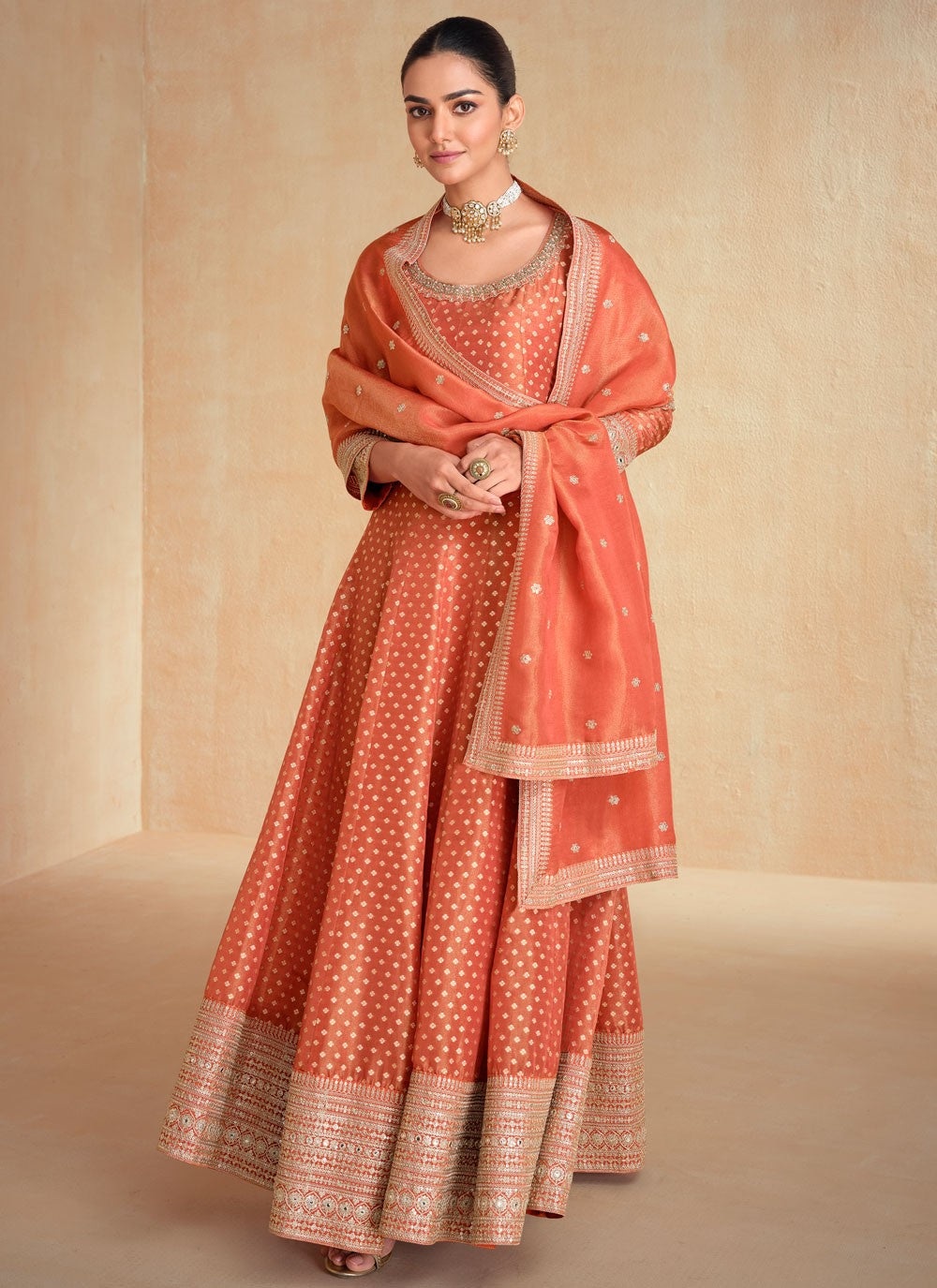 Embroidered Jacquard Silk Orange Gown G1960