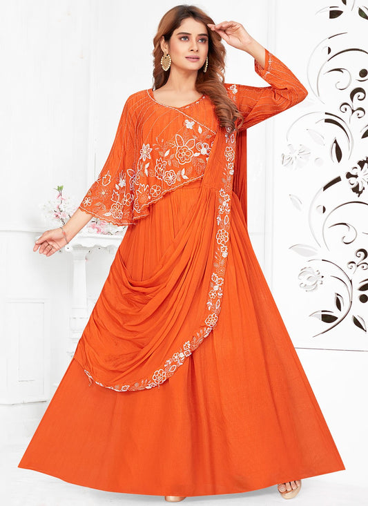Digital Print Georgette Orange Lehenga Choli L3491